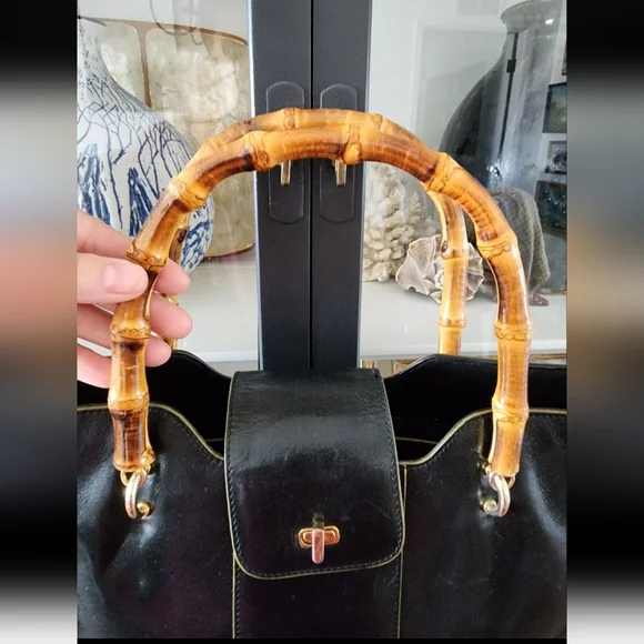 Monsac Women's Black Leather Purse Hangbag w/ Bamboo Handles - Picture 3 of 9